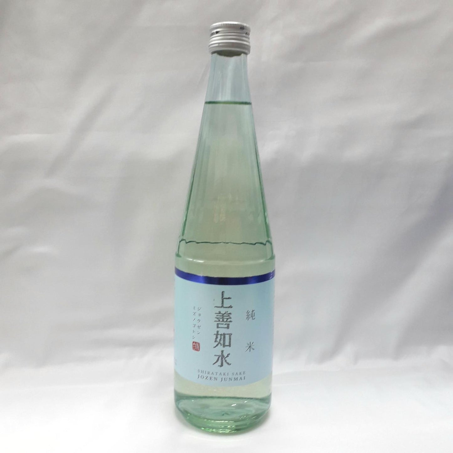 A bottle of JOZEN MIZUNOGOTOSHI sake with a label primarily in blue and white colors, indicating the volume of 720ml.