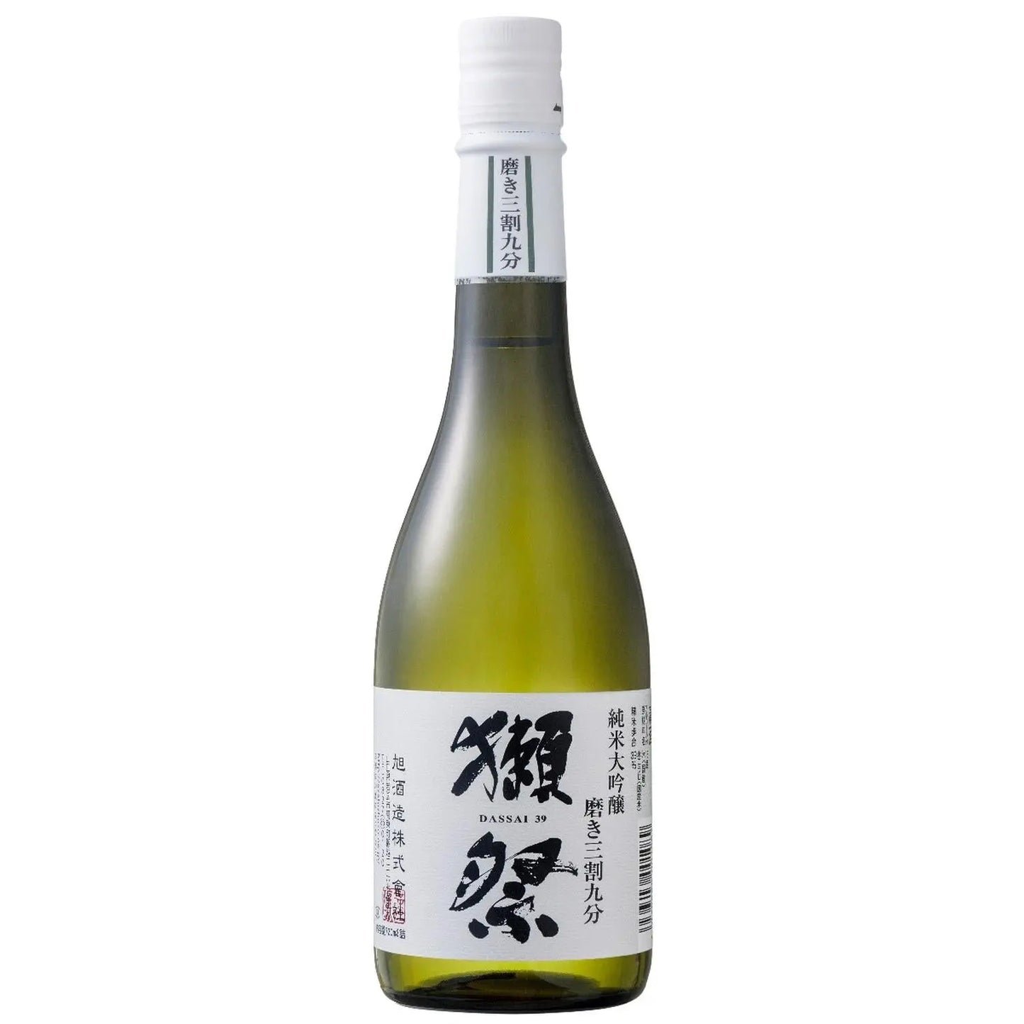 This image features a bottle of DASSAI 39, a high-quality junmai dai-ginjo sake. The bottle is tall with a slim neck, showcasing a pale, clear liquid inside.