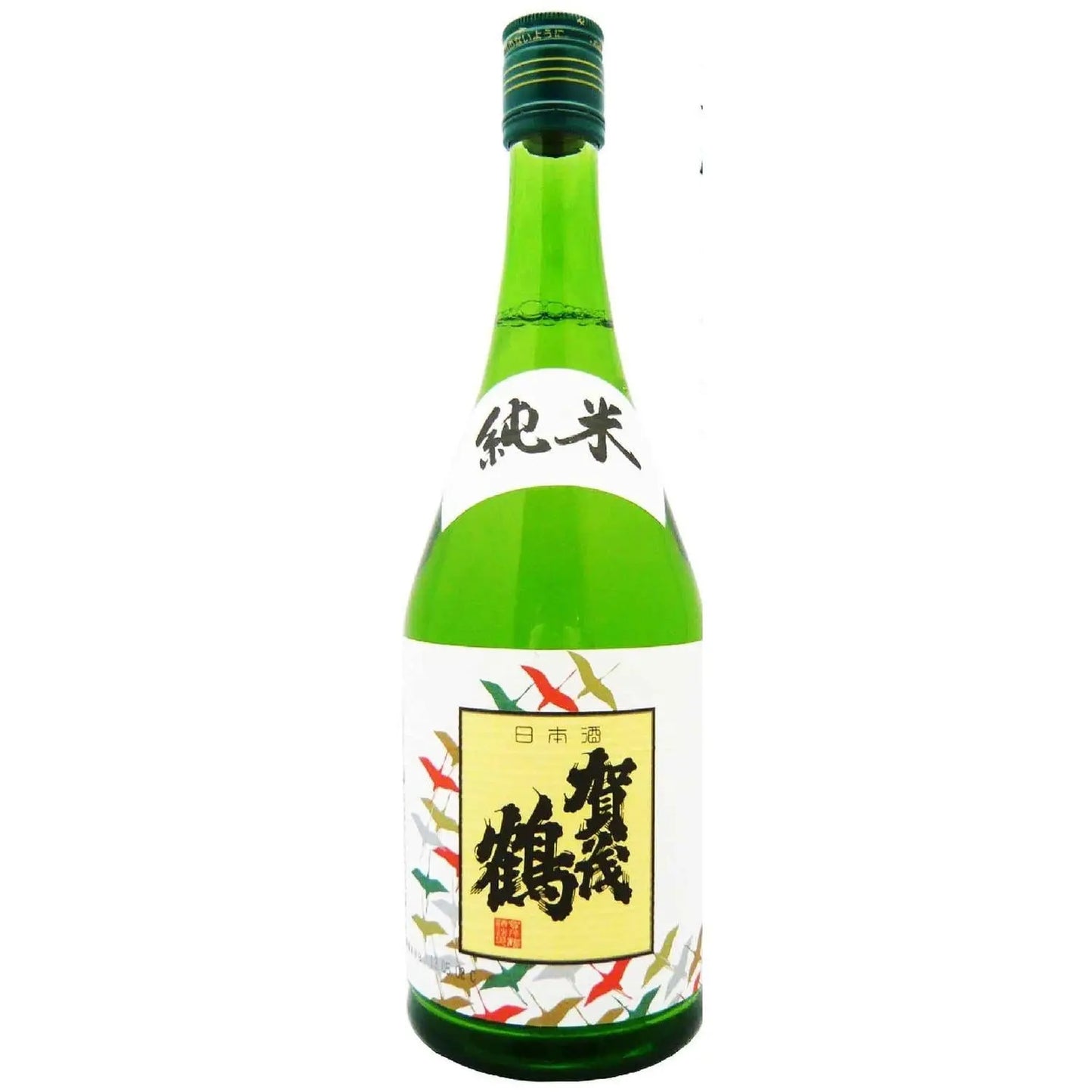 This image features a bottle of JP SAKE (JUNMAISHU) with a volume of 720ml. The bottle is tall and slender, with a bright green tint and a white label that includes traditional Japanese calligraphy in black and red.