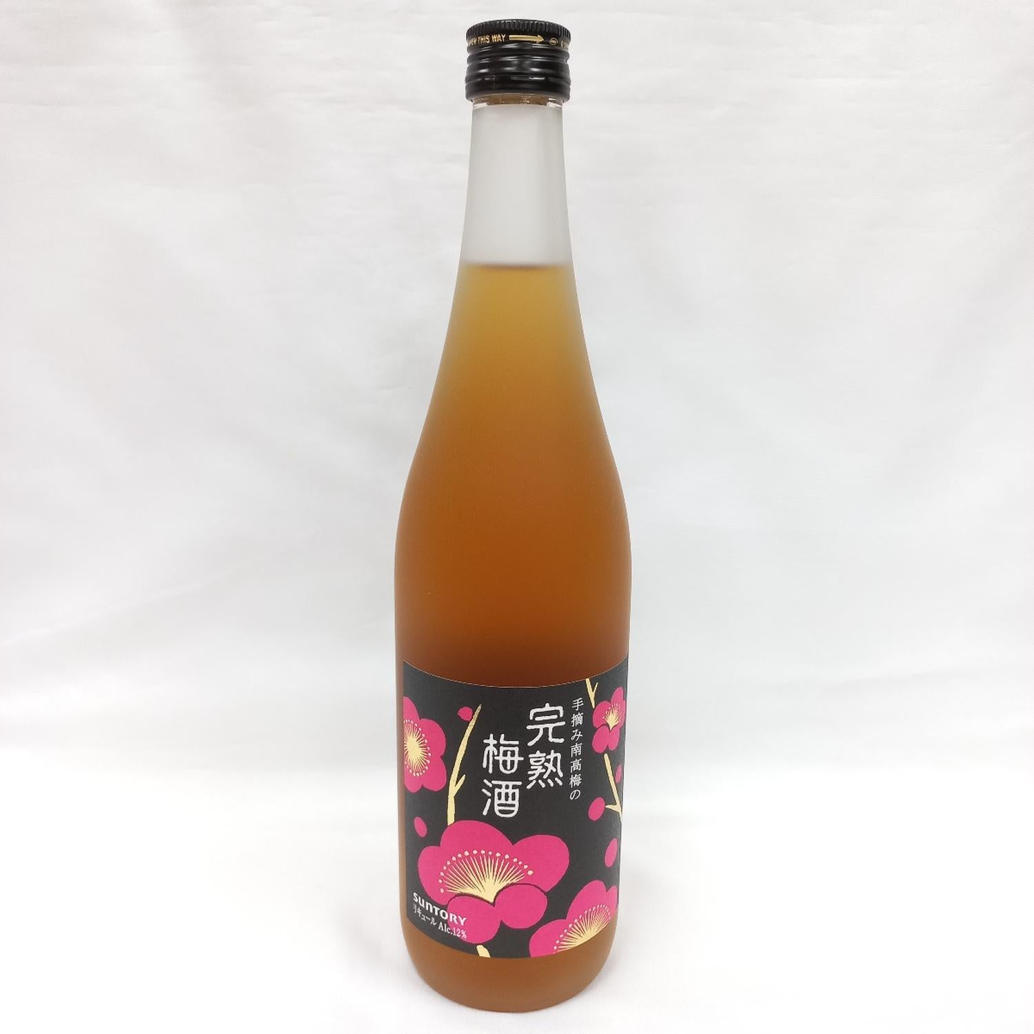 A bottle of plum wine with a label featuring floral graphics.