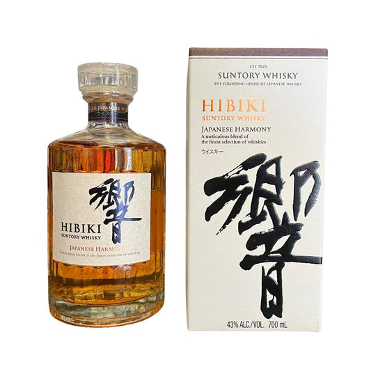Hibiki Suntory Whisky bottle and packaging on a white background