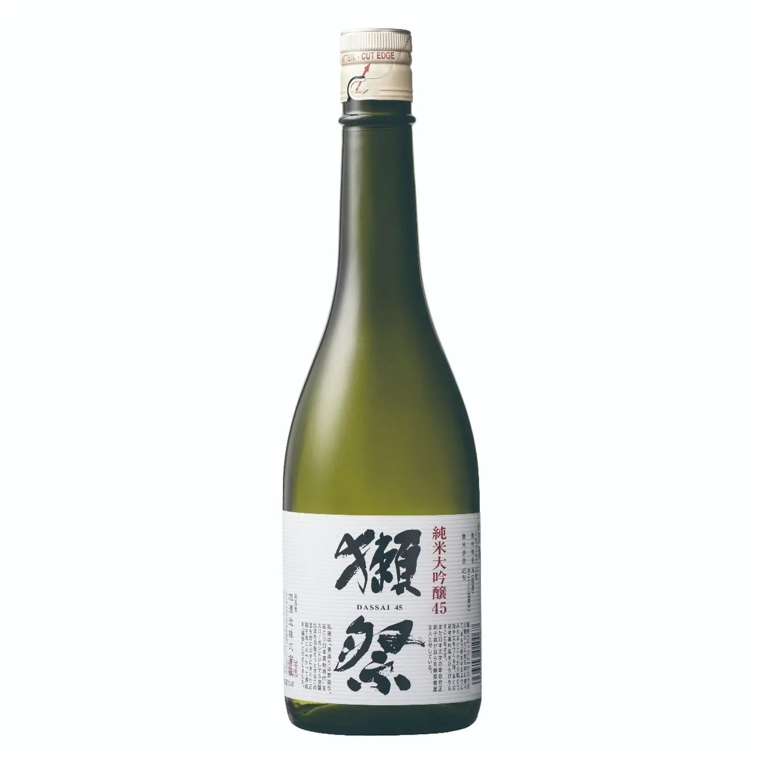 A bottle of DASSAI 45 sake with a label primarily in black and white.