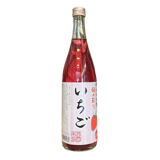 Bottle of red beverage with a white label featuring Japanese text and a strawberry illustration.