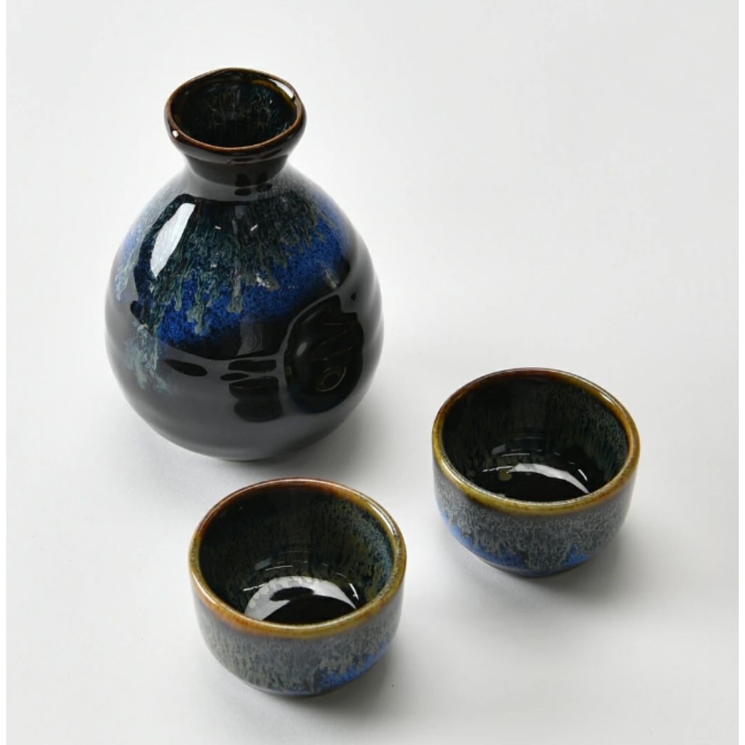 Mino Ware Sake Set (Sake Carafe X 1, Sake Cup X 2) Black-blue And Gold Glaze / Sake Bottle/sake Cup 1 MINO-YAKI